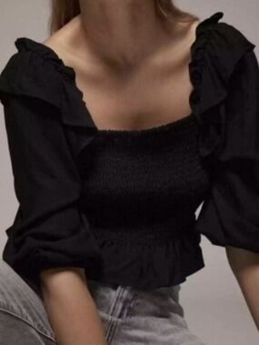 BNWT Zara Smocked Ruffled Puff Sleeve Crop Black Top S Cottagecore Boho Romantic